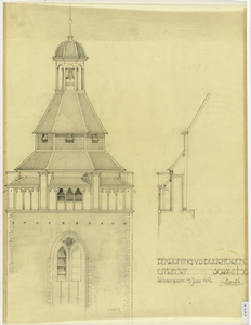 214593 Opstand van de bekroning en een gedeelte van een gevel van de toren van de Buurkerk te Utrecht; met doorsnede ...